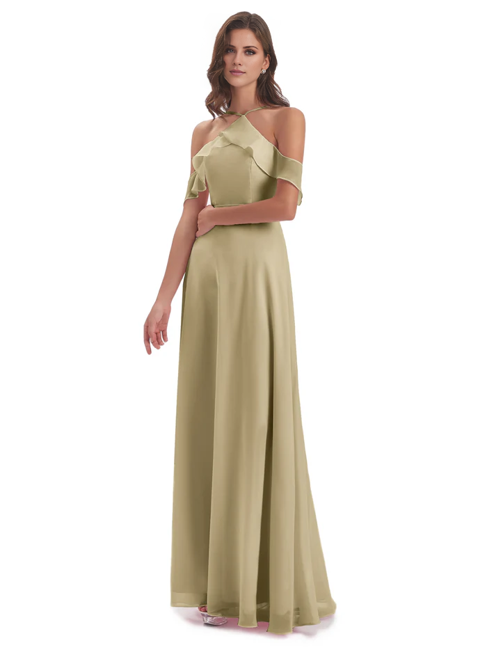 Tight off shoulder chiffon long and floor length bridesmaid dress