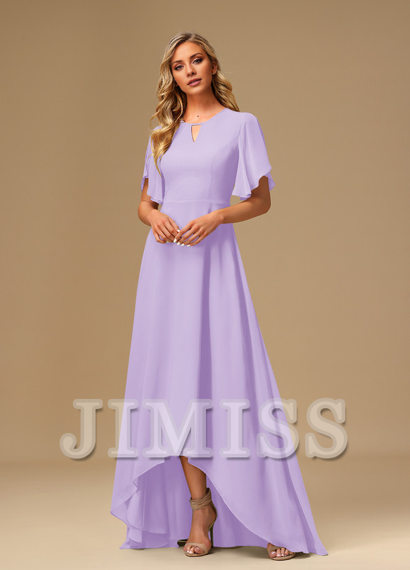 Vestido de dama de honor asimétrico de gasa con escote barco y volantes en forma de A
