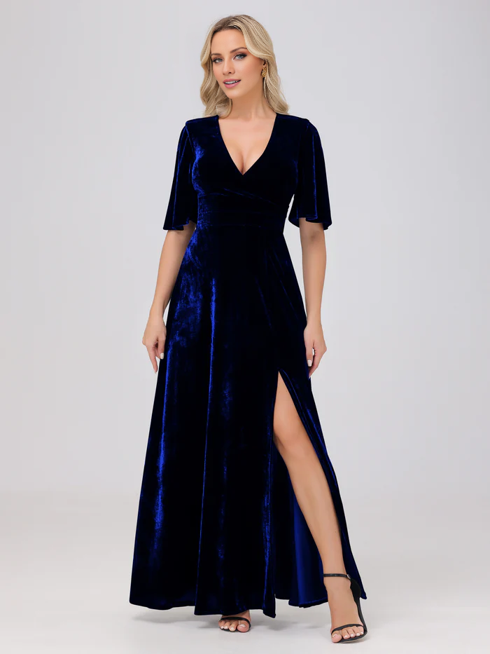 Abito da damigella d'onore in velluto con scollo a V, maniche corte e spacco, lunghezza al pavimento