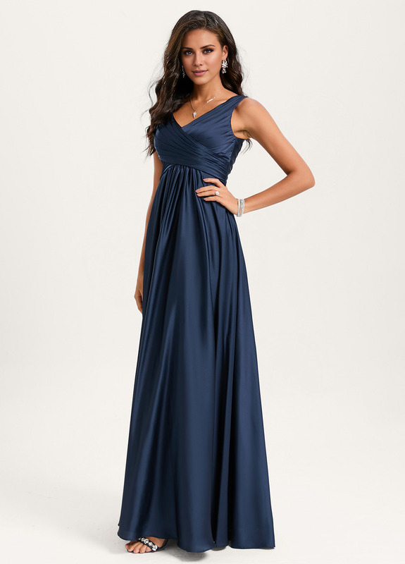 Vestido de dama de honor de satén con volantes, escote en V y largo hasta el suelo