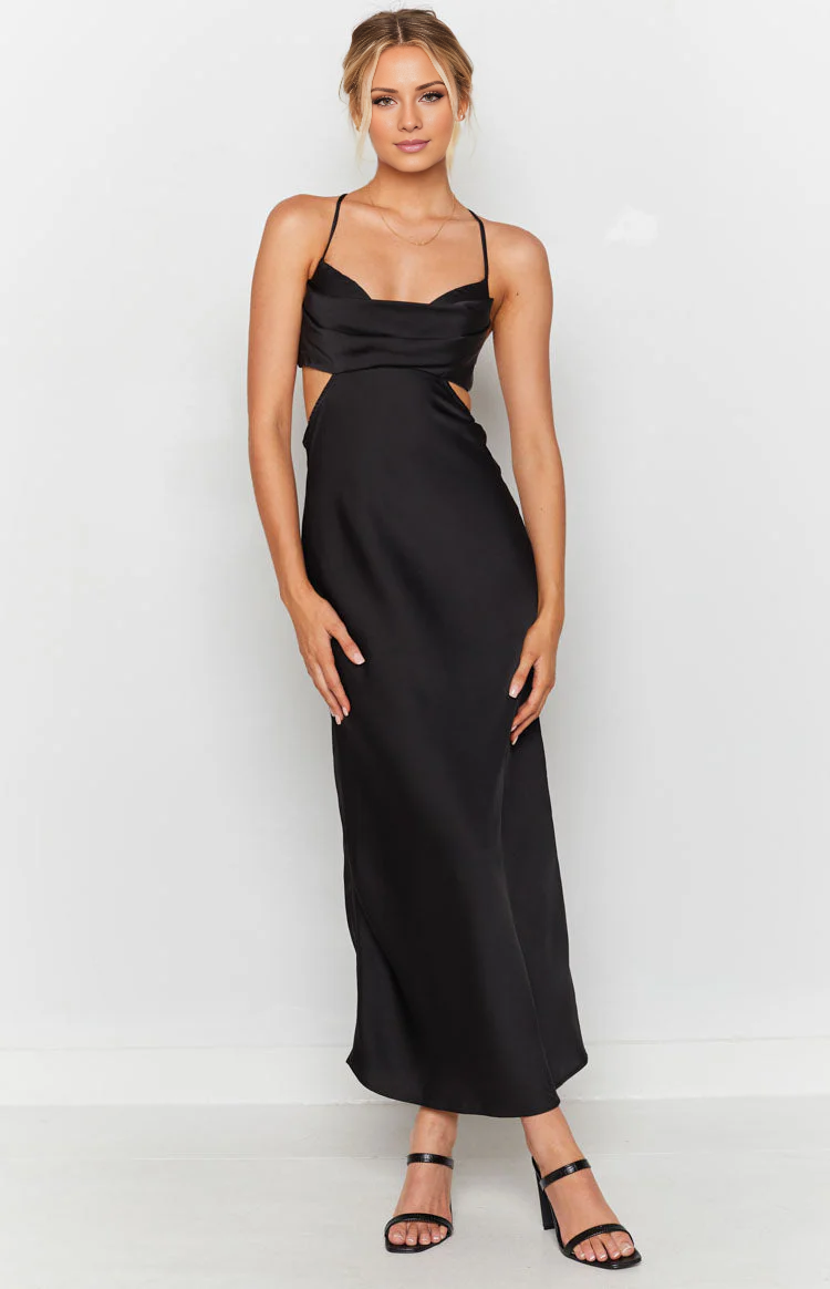 Vestido de fiesta Jimiss con cuello de bufanda, hombros descubiertos, sin mangas, tirantes finos, espalda descubierta y largo hasta el suelo