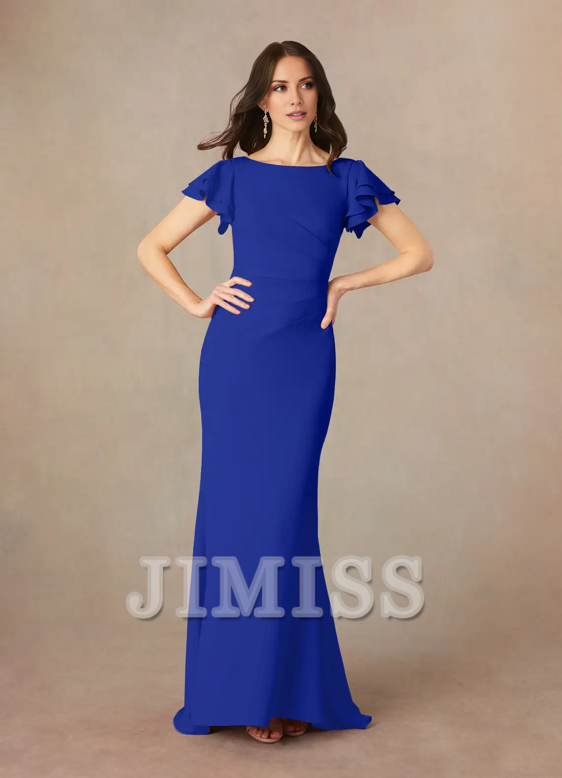 Burgundy Crepe Boat Neck Flutter Sleeve Floor-Length Bridesmaid Dress