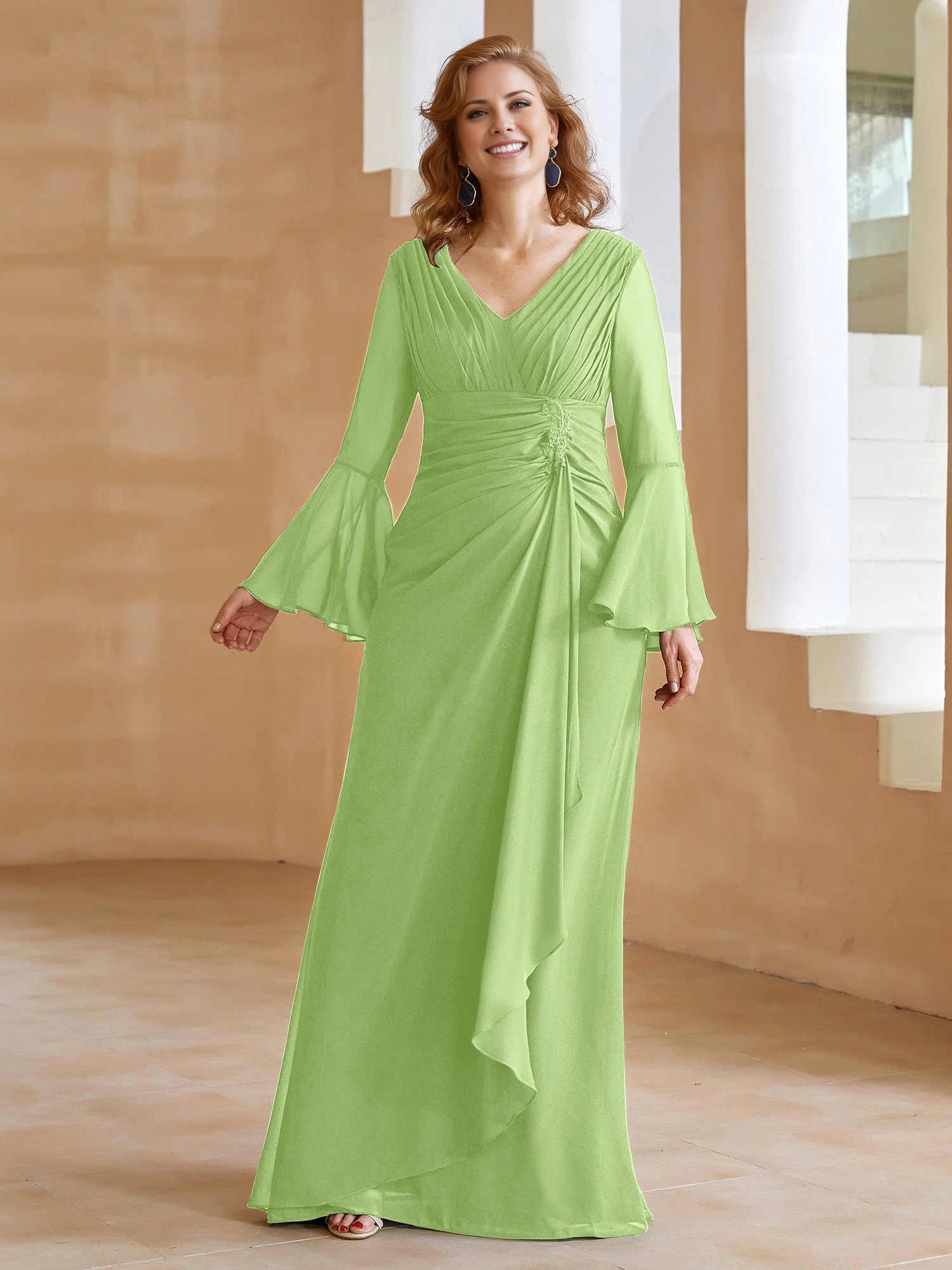 Olive Green Chiffon A-Line V-Neck Bridesmaid Dress with Ruched Bodice & Bell Sleeves