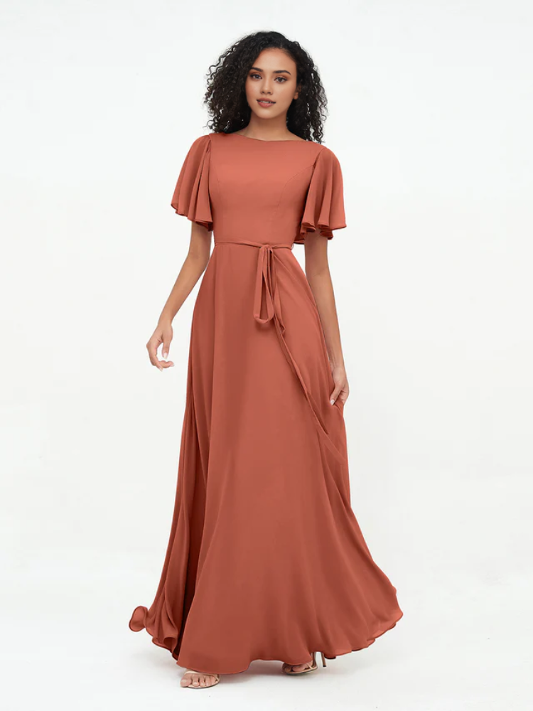 Olive Green A-Line Floor-Length Bridesmaid Dress with Flutter Sleeves & Boat Neckline | Jimiss