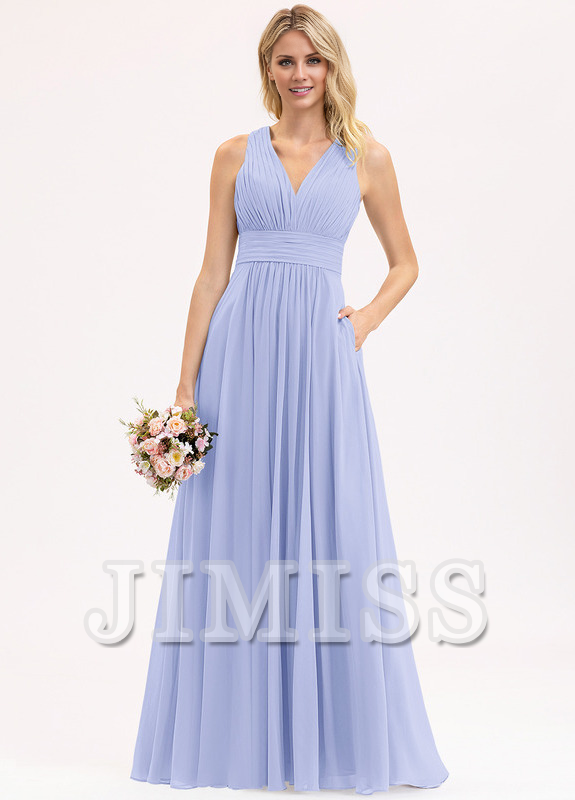 Vestido de dama de honor de gasa con escote en V, largo hasta el suelo y lazo con volantes