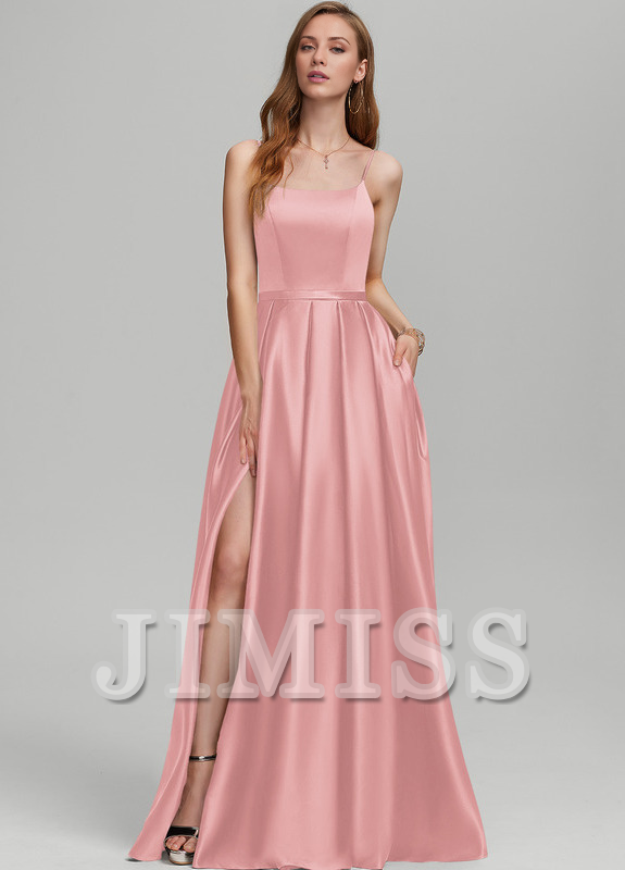 Abito da damigella d'onore in raso a trapezio con scollo a V e lunghezza al pavimento