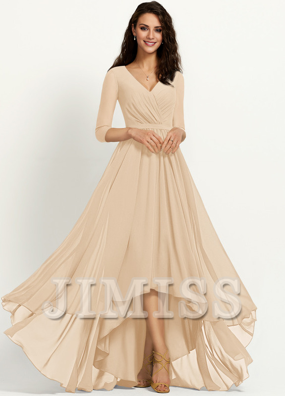 A-line V-neck asymmetric pleated chiffon bridesmaid dress