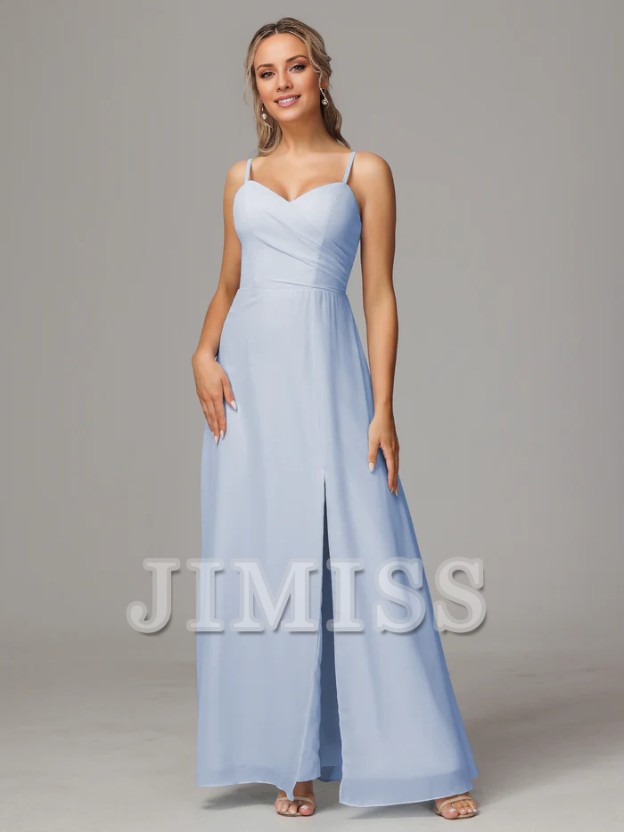 Vestido de dama de honor de gasa con escote en forma de corazón, tirantes finos y abertura lateral