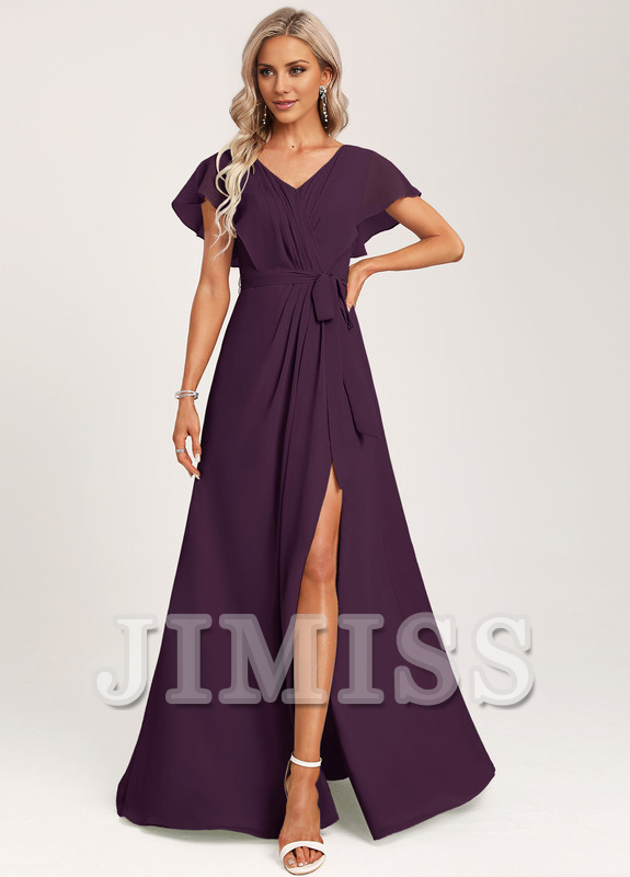 Sage Green Chiffon A-Line Floor-Length Dress with V-Neck and V-Back, Draped Bodice & High Slit