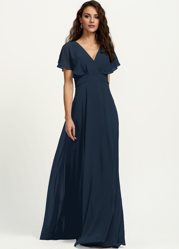 Dark Navy Chiffon A-Line V-Neck Floor-Length Bridesmaid Dress