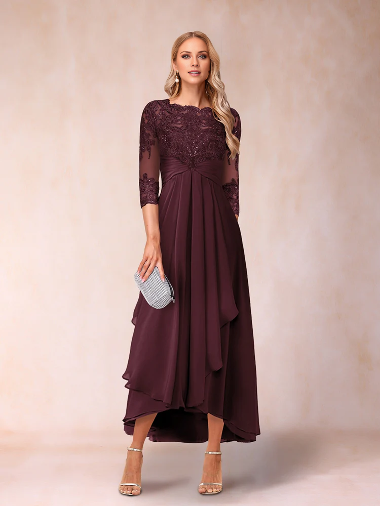 Slate Blue A-Line High-Low Evening Dress with Lace Bodice & Boat Neck