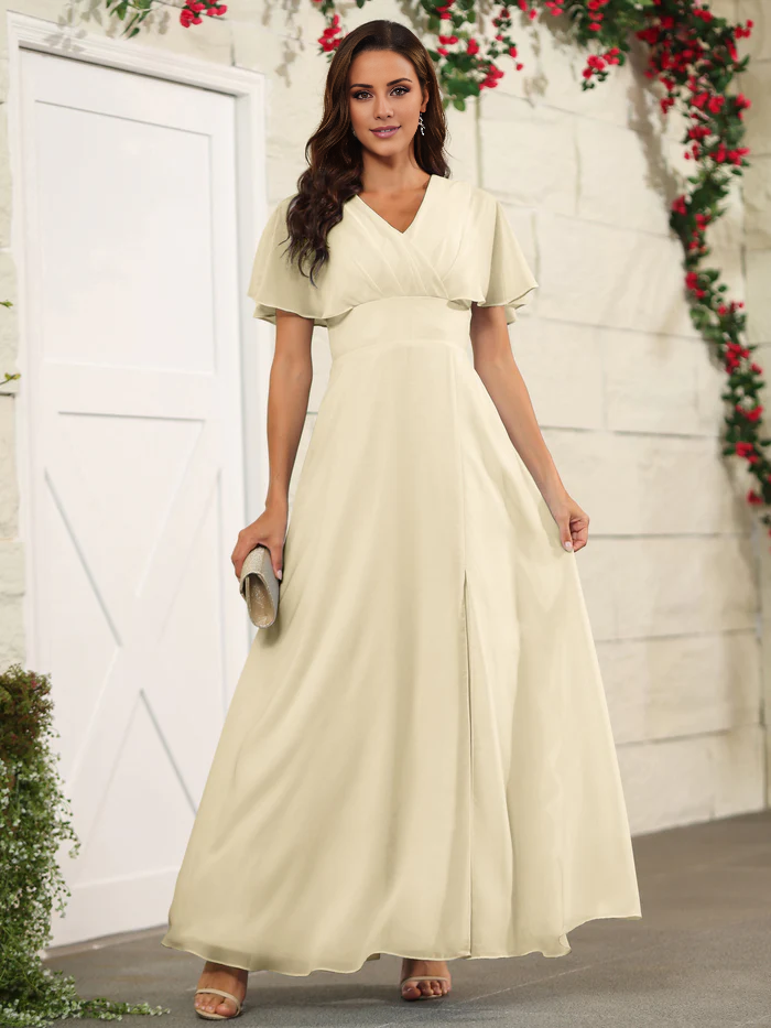 Chiffon short sleeved V-neck slit and floor length bridesmaid dress