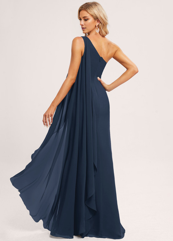 Dark Navy Chiffon One Shoulder Floor-Length Bridesmaid Dress