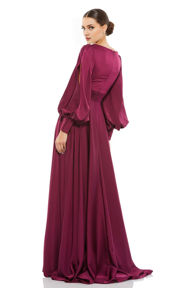 A-line V-neck satin long sleeved back zipper and floor length Prom dress