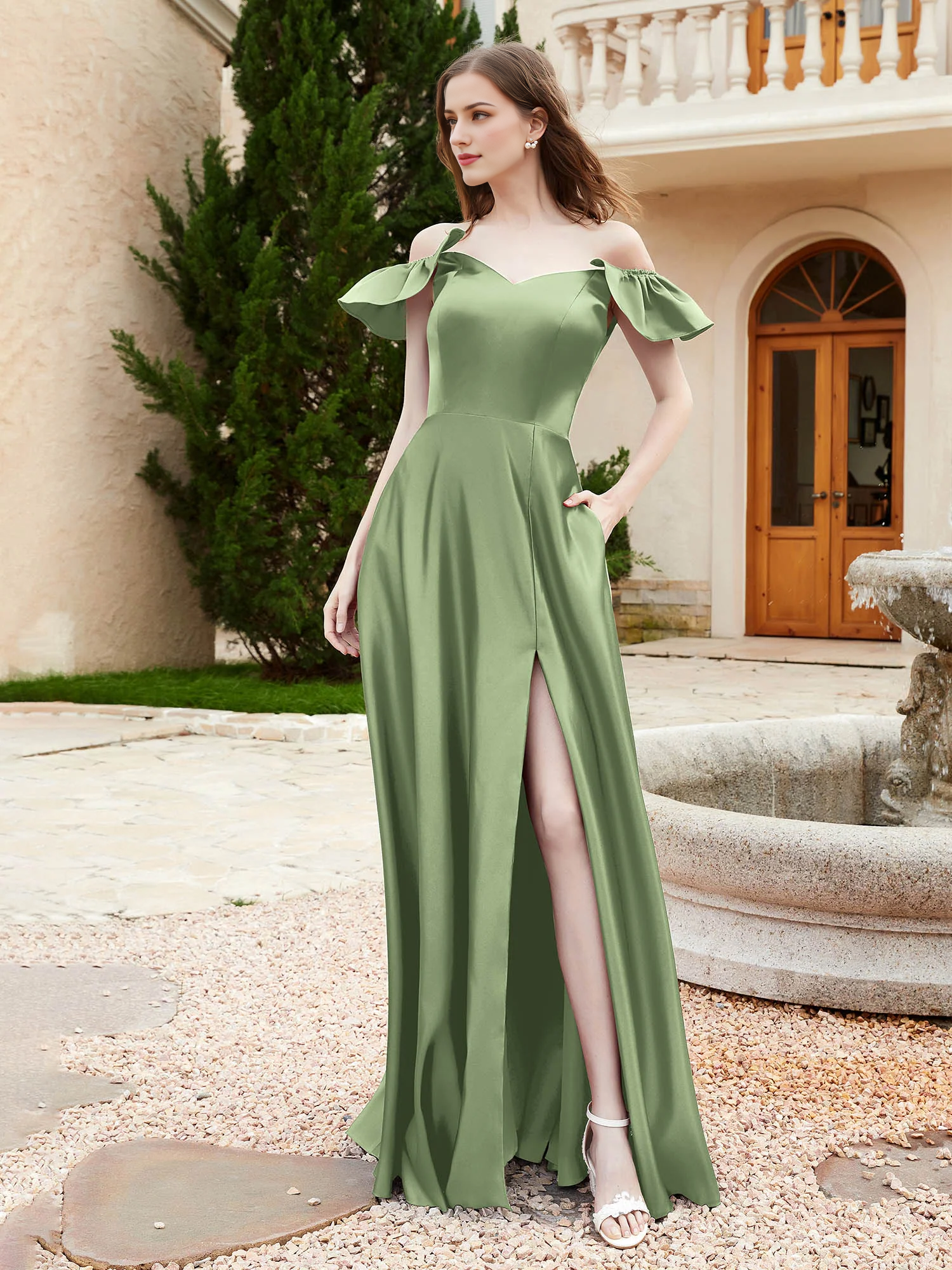 Vestido de dama de honor de satén con hombros descubiertos y bolsillo