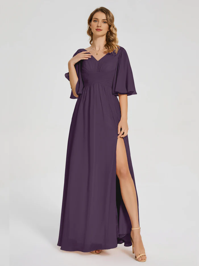 Burgundy Chiffon A-Line V-Neck Floor-Length Dress | Flutter Sleeve Bridesmaid Gown