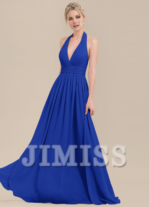 Vestido de dama de honor de gasa con volantes, corte A, cuello halter y largo hasta el suelo