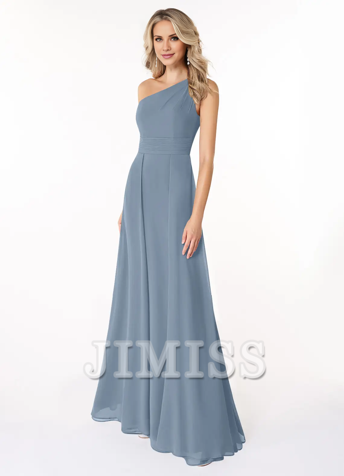 Abito in chiffon con spalle a trapezio e abito da damigella lungo fino al pavimento - Abito Jimiss 