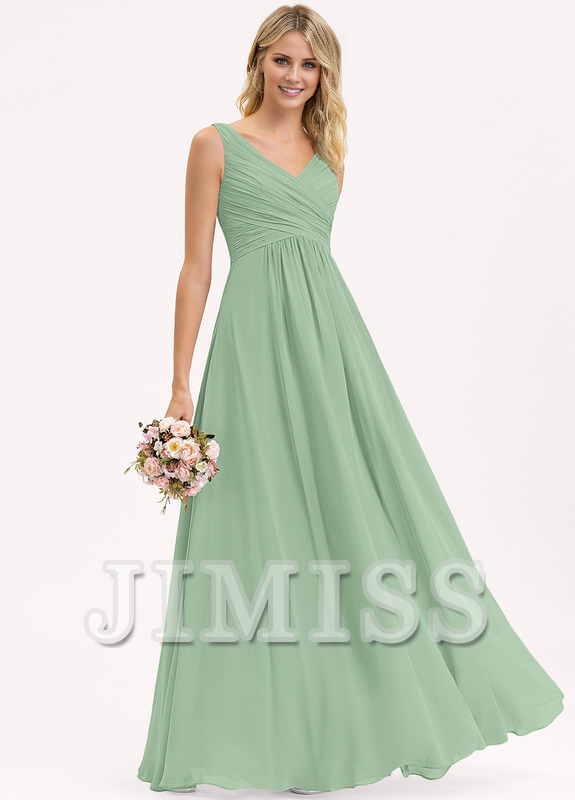 Abito da damigella d'onore in chiffon plissettato, lungo fino al pavimento, con scollo a V e linea ad A