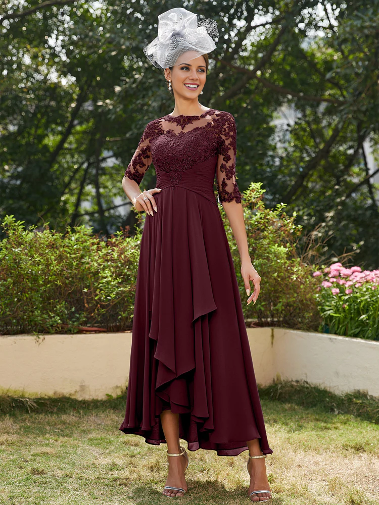 Slate Blue Chiffon A-Line Tea-Length Bridesmaid Dress with Illusion Neck