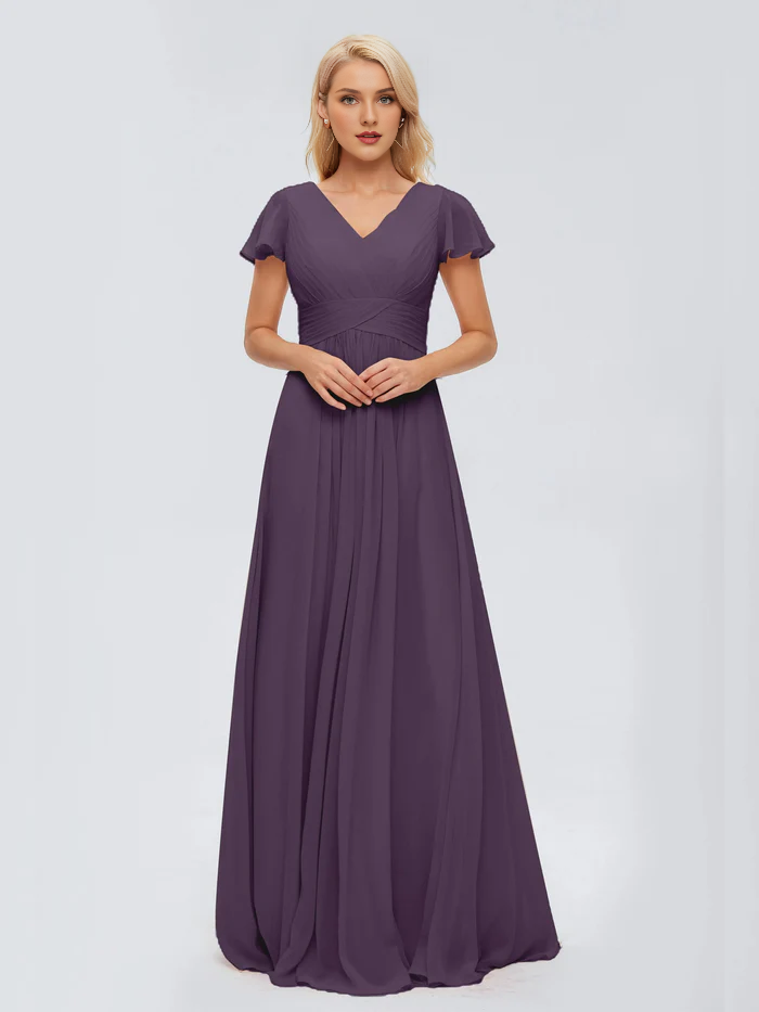 Burgundy Chiffon A-Line Floor-Length Bridesmaid Dress with Ruched V-Neck & Flutter Sleeves