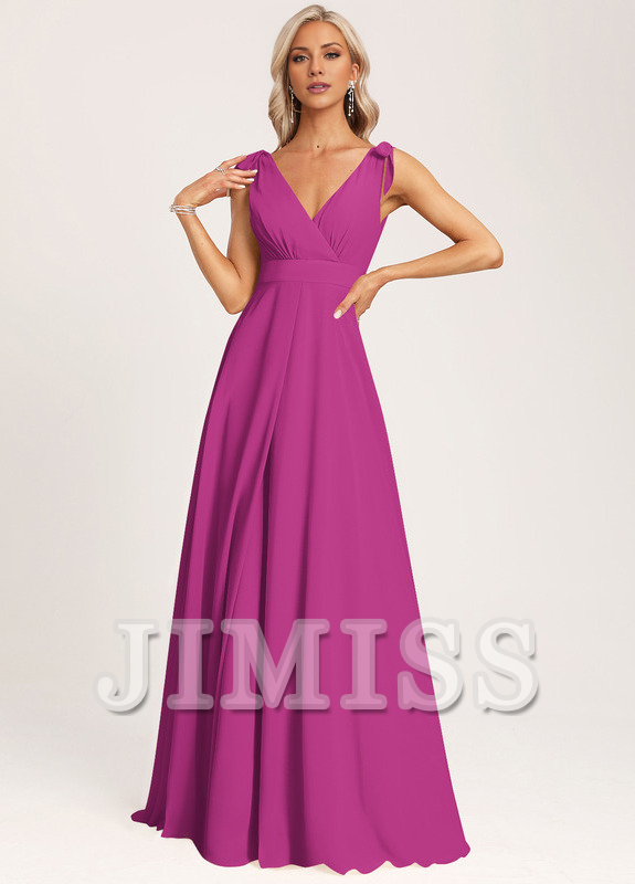 Vestido de dama de honor con escote en V y lazo de gasa en el fondo