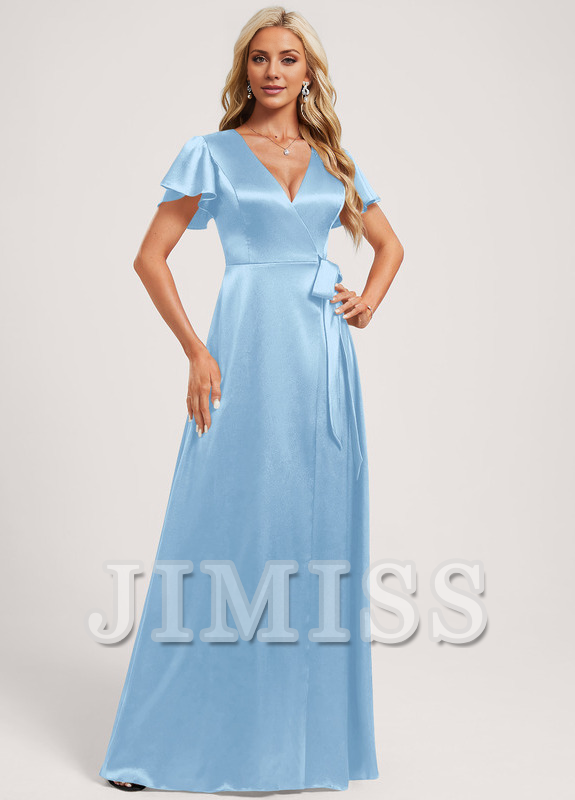 Vestido de dama de honor de satén elástico, largo hasta el suelo, con escote en V y corte A