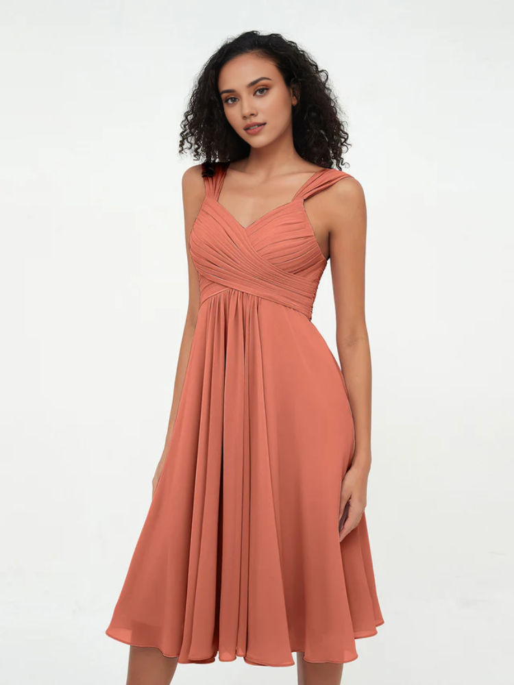 Chiffon Spaghetti-Strap Sweetheart Neckline Ruched Bodice Tea-Length A-Line Bridesmaid Dresses