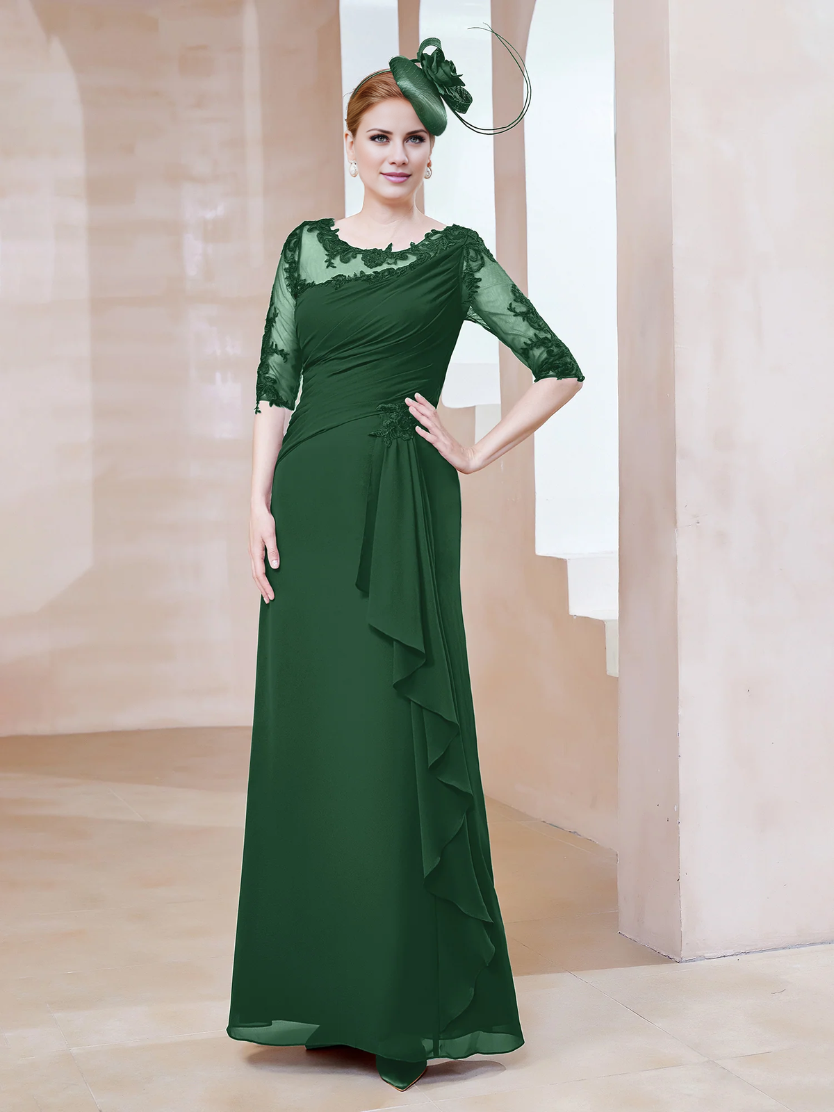 Burgundy Chiffon A-Line Floor-Length Evening Dress with Lace Bodice and Draped Waist