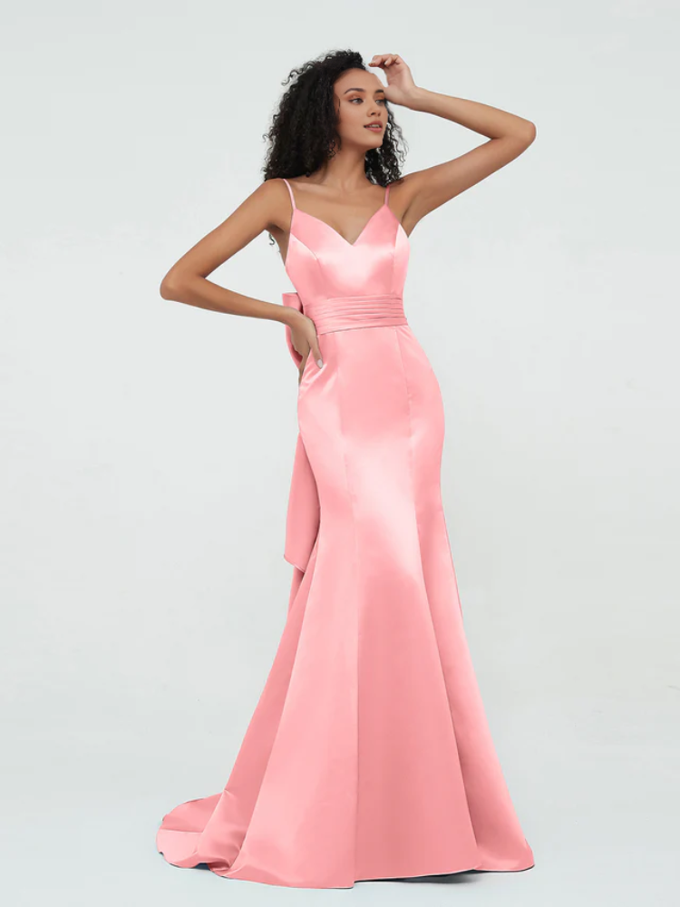 Satin Spaghetti-Strap Deep V-Neck Back Bow Detail A-Line Floor-Length Bridesmaid Dresses