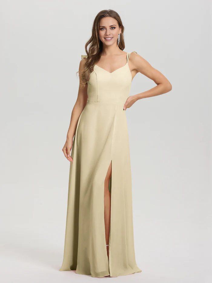 Vestido de dama de honor largo hasta el suelo con abertura en gasa con escote en V y tirantes anudados