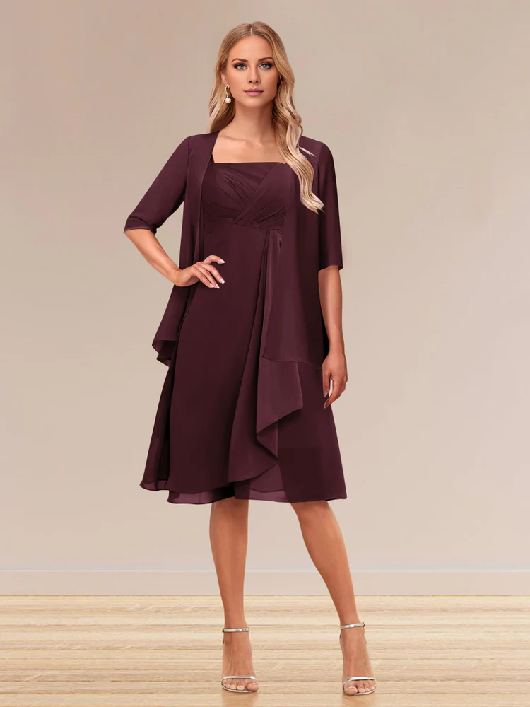 Dusty Rose Chiffon A-Line Tea-Length Mother of the Bride Dress with Pleated Bodice