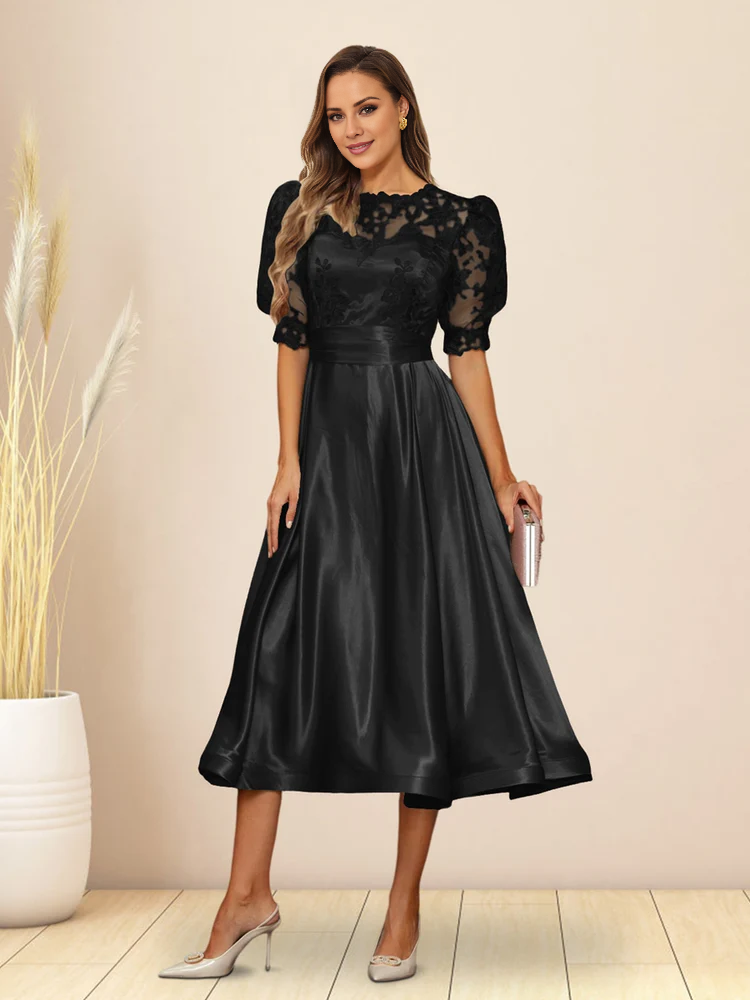 Green Satin Lace Bodice Puff Sleeve A-Line Tea-Length Evening Dress