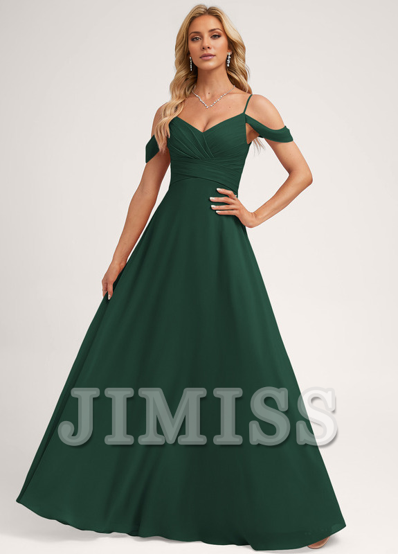 Abito da damigella d'onore in chiffon lungo fino a terra, con spalle scoperte e linea ad A