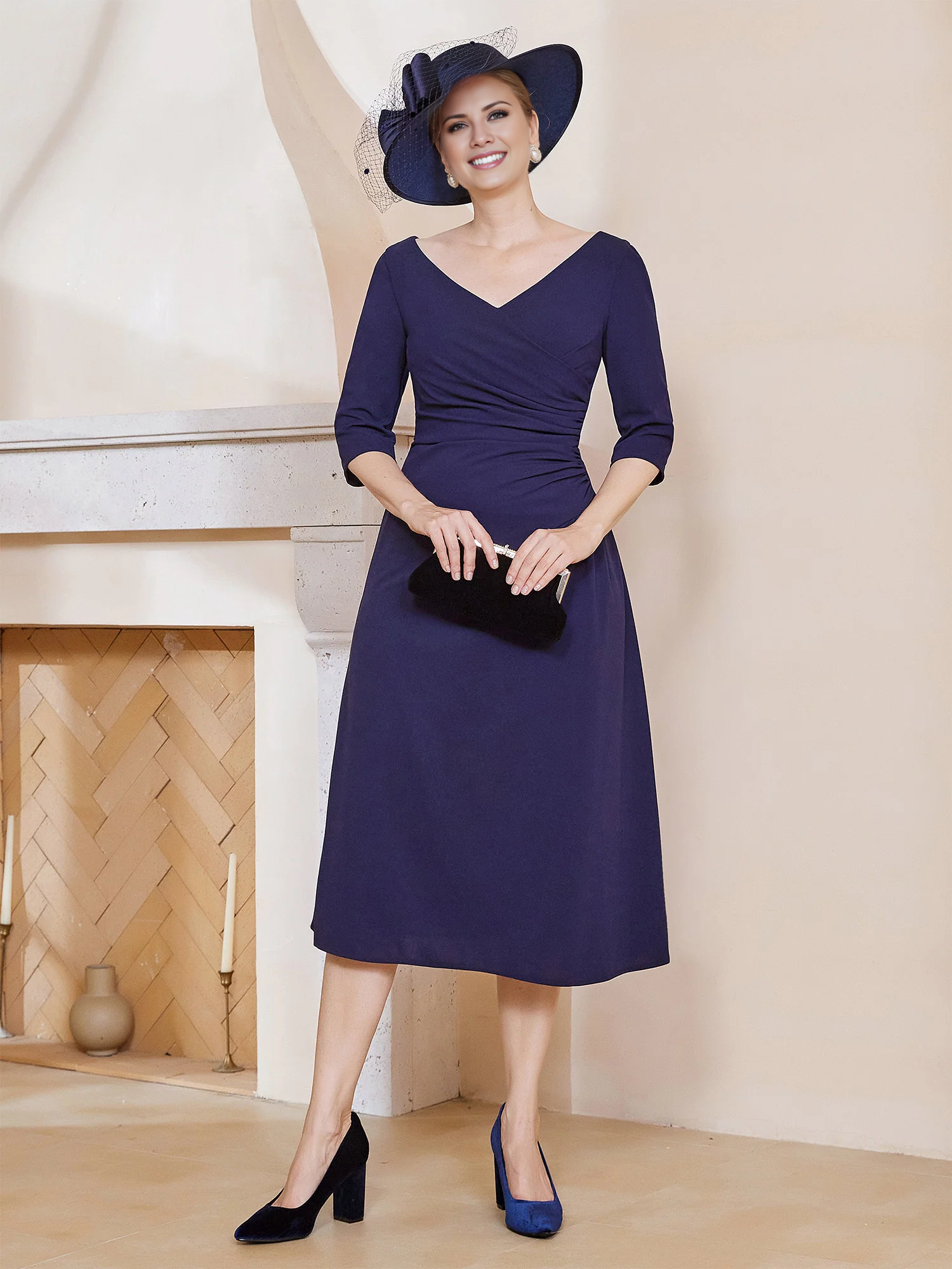 Dark Navy Crepe A-Line Tea-Length Evening Dress with Draped Bodice