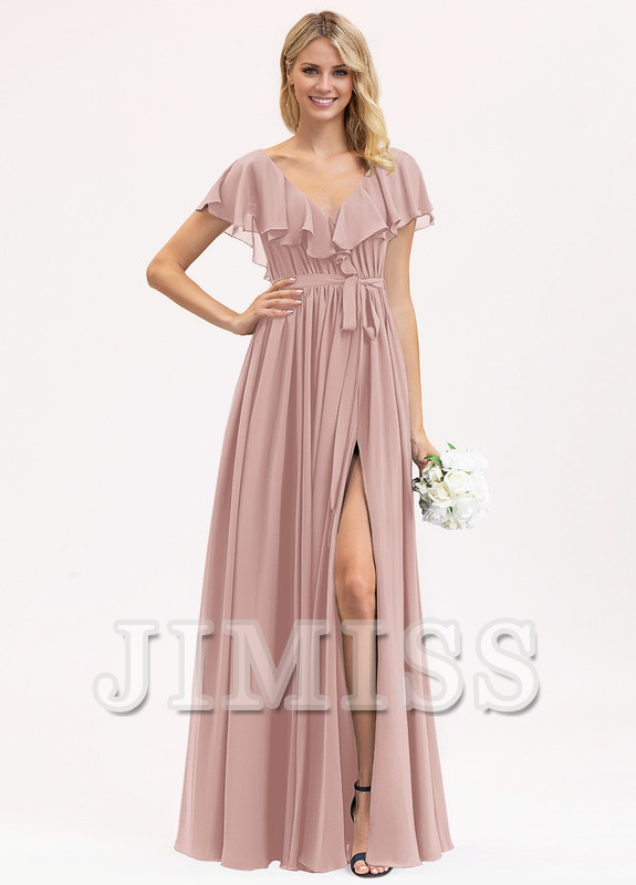 Abito da damigella d'onore in chiffon con scollo a V, lunghezza al pavimento, balze a balze e fiocco