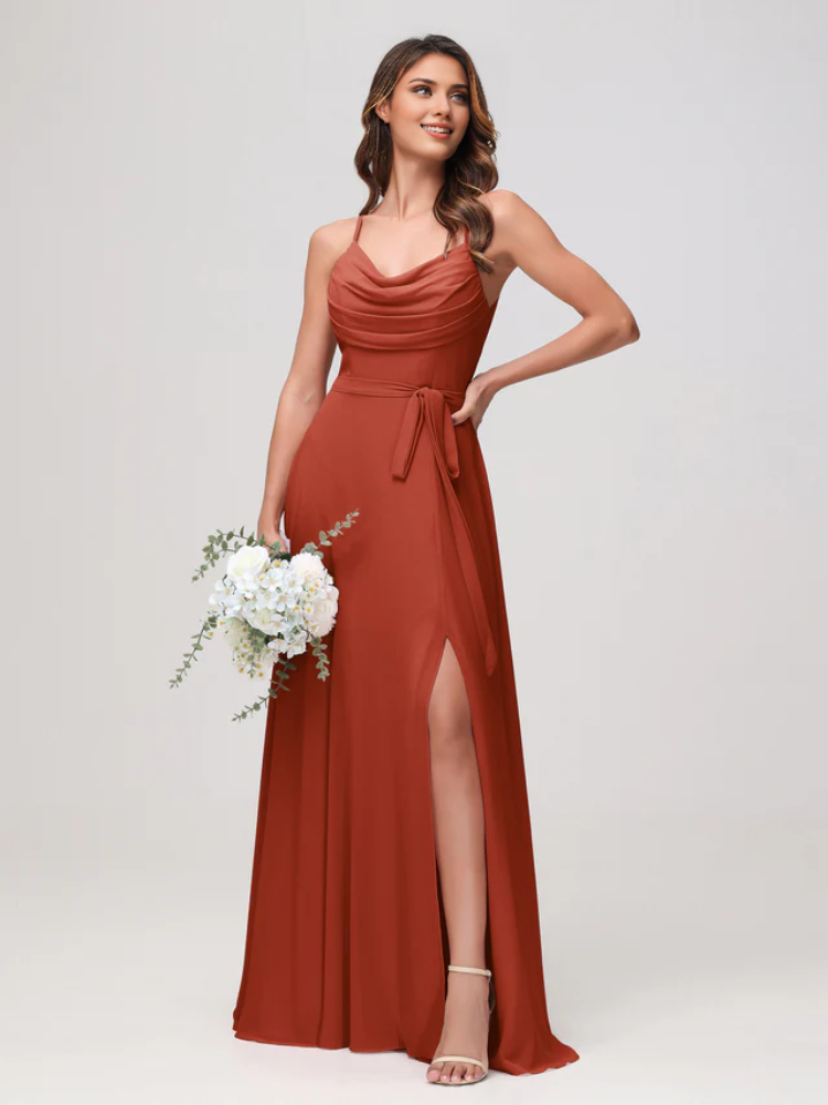 Olive Green Chiffon A-Line Floor-Length Dress with Cowl Neck and High Slit
