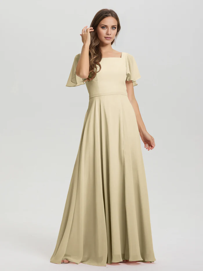 Vestido de dama de honor de gasa con cuello cuadrado, corte A, mangas cortas con volantes y largo hasta el suelo