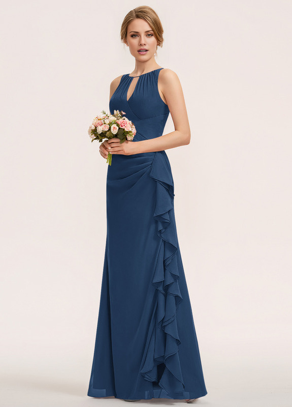 Dark Navy Chiffon A-Line Floor-Length Bridesmaid Dress with Keyhole Neck, Ruched Bodice & Ruffled High Slit
