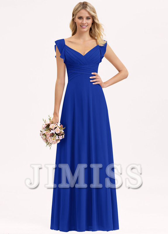 Dusty Rose Chiffon A-Line Floor-Length Bridesmaid Dress with V-Neck & Flutter Sleeves
