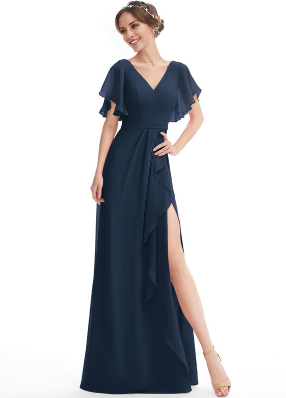 Vestido de dama de honor de gasa con volantes, escote en V y largo hasta el suelo