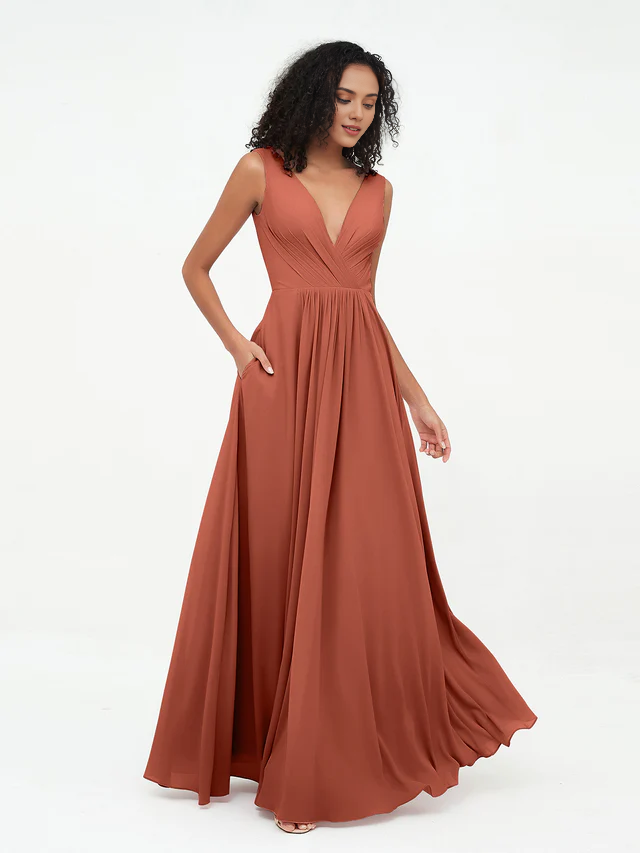 Olive Green Chiffon A-Line V-Neck Floor-Length Bridesmaid Dress with Pockets
