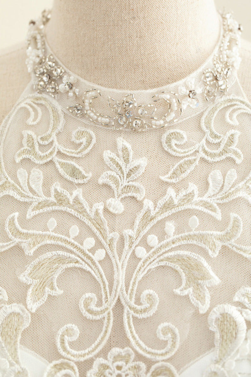 Abito da sposa in chiffon di pizzo senza maniche e collo alto a trapezio