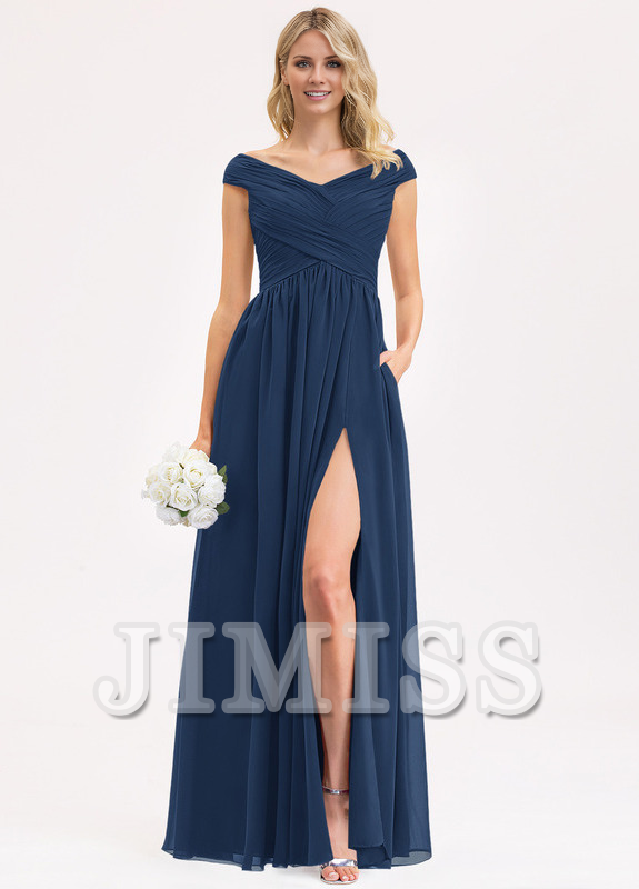 Vestido de dama de honor de gasa con volantes, corte A y largo hasta el suelo