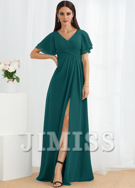 Abito da damigella d'onore in chiffon lungo fino al pavimento, con scollo a V e linea ad A