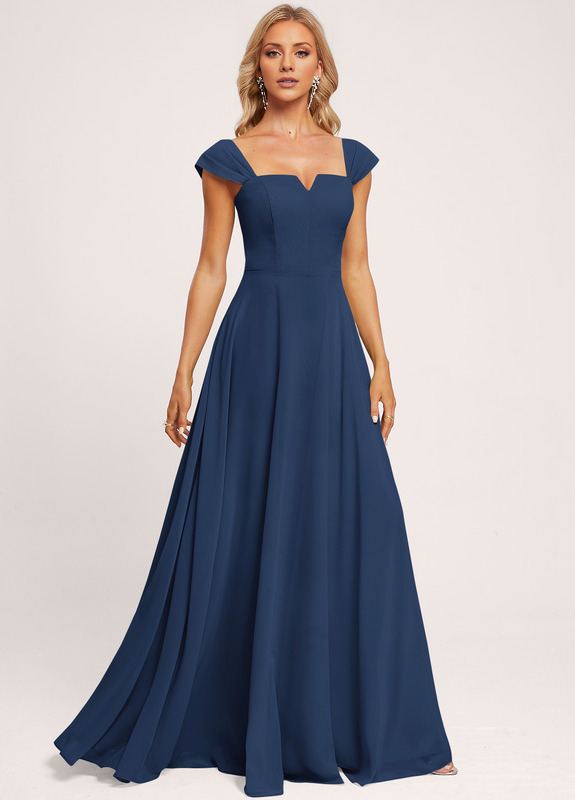 Abito da damigella d'onore in chiffon a trapezio, con spalle scoperte e lunghezza fino al pavimento