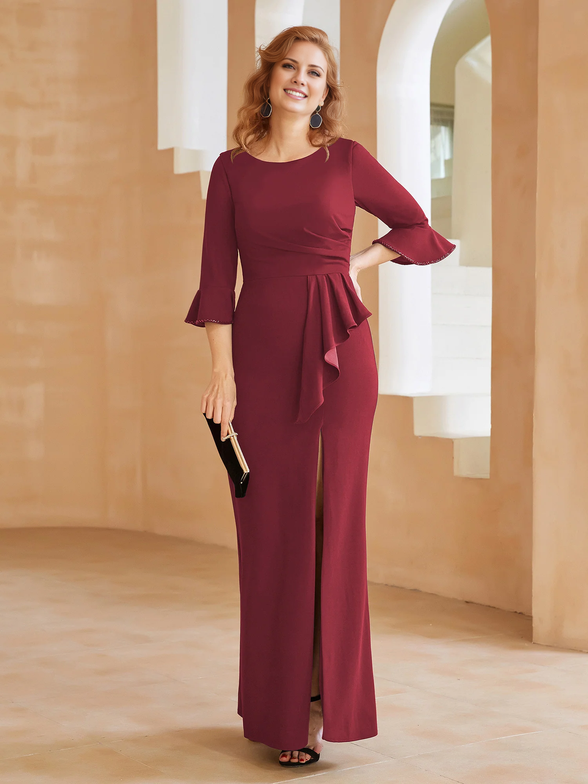 Dark Navy Crepe Boat Neck Sheath/Column Floor-Length Evening Dress
