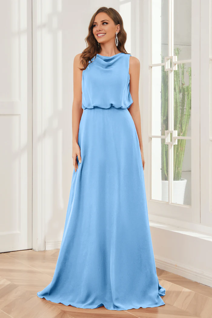 Vestido de dama de honor de gasa sin mangas con cuello de viento estilo pilar y largo hasta el suelo