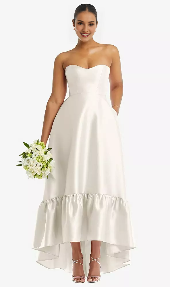 Pocket strapless deep ruffle hem satin high low prom dress