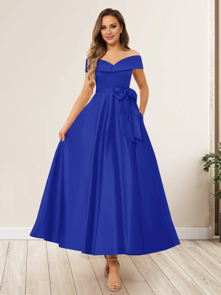 Burgundy Off-the-Shoulder A-Line Tea-Length Bridesmaid Dress